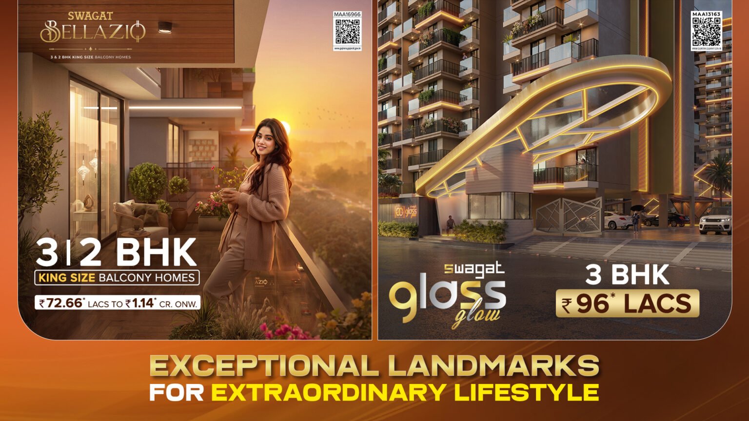 Swagat Bellazio 3 and 2 BHK king size balcony homes from Rs 72.66 lakh to Rs 1.14 crore onwards, and Swagat Glass Glow 3 BHK from Rs 96 lakh. Exceptional landmarks for extraordinary lifestyle.