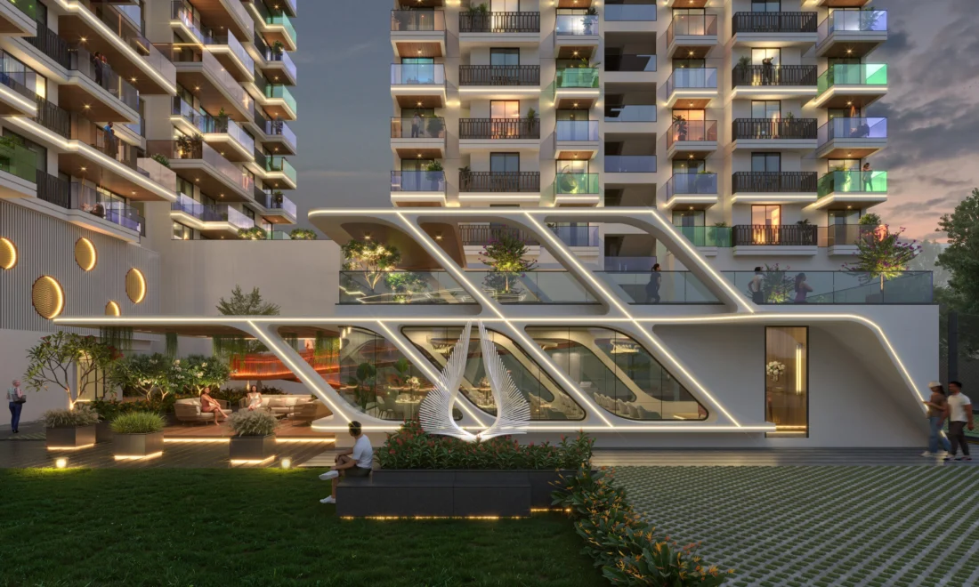 Swagat Bellazio club house pavilion with geometric lighting, facing a landscaped lawn at dusk