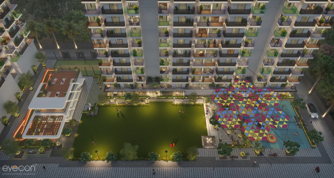 Landscaped podium garden between the Swagat Bellazio towers