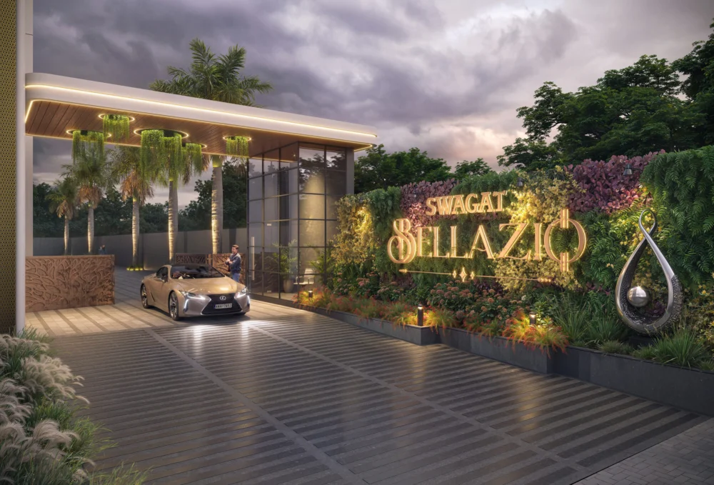 Swagat Bellazio entrance gate with illuminated signage
