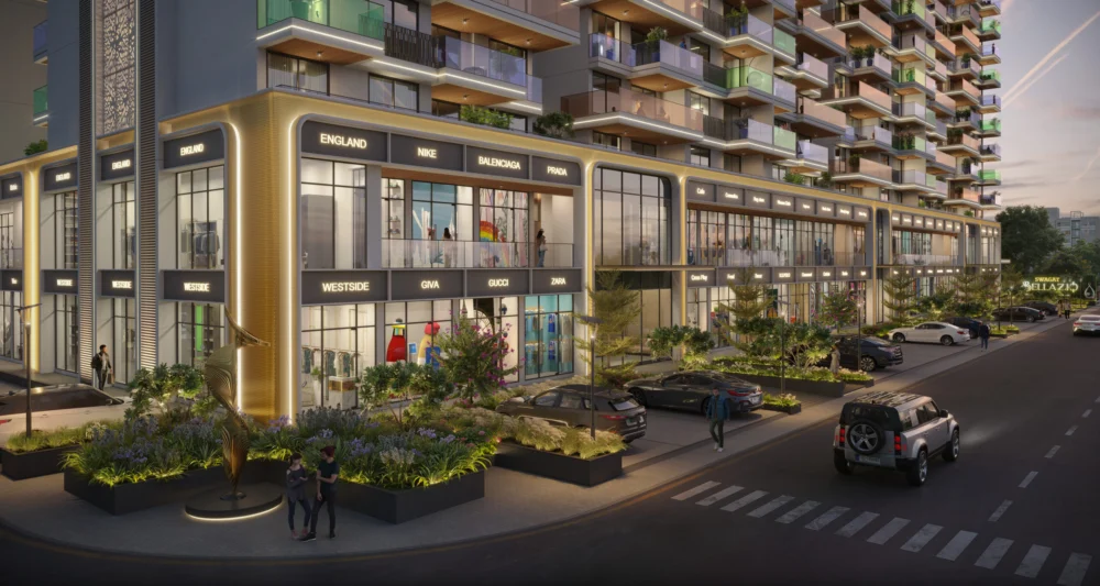 Retail shopfronts at the base of Swagat Bellazio