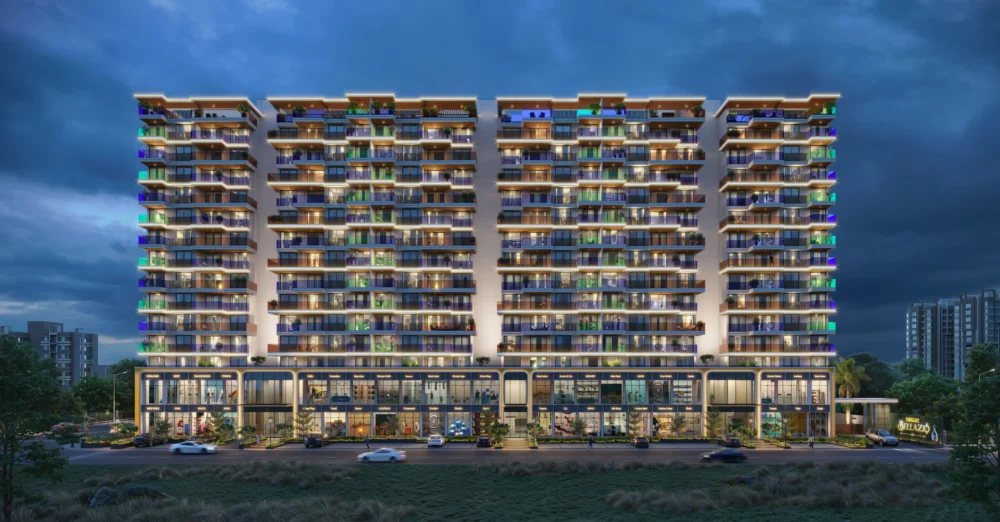 Swagat Bellazio front elevation at dusk, Kudasan, Gandhinagar
