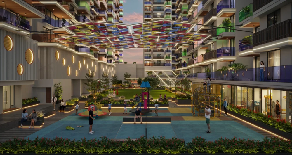 Children’s play area under the colourful canopy at Swagat Bellazio